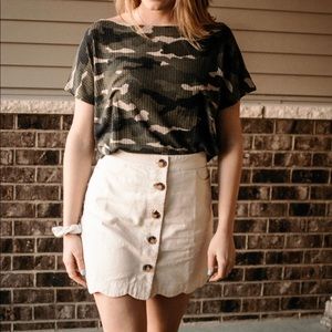 Beige Front Button-Down Scalloped Skirt